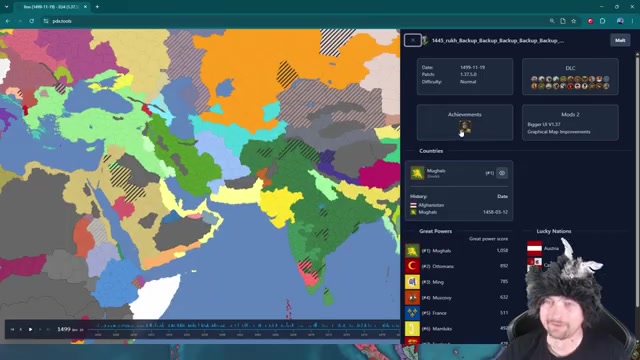 Zlewikk on camera while PDX Tools shows his Mughals campaign map and save details